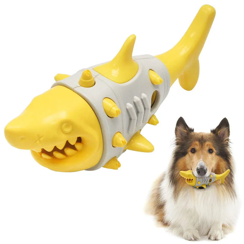 Shark-tooth mimicry dog teething toy in blue, grey, or yellow with textured surfaces