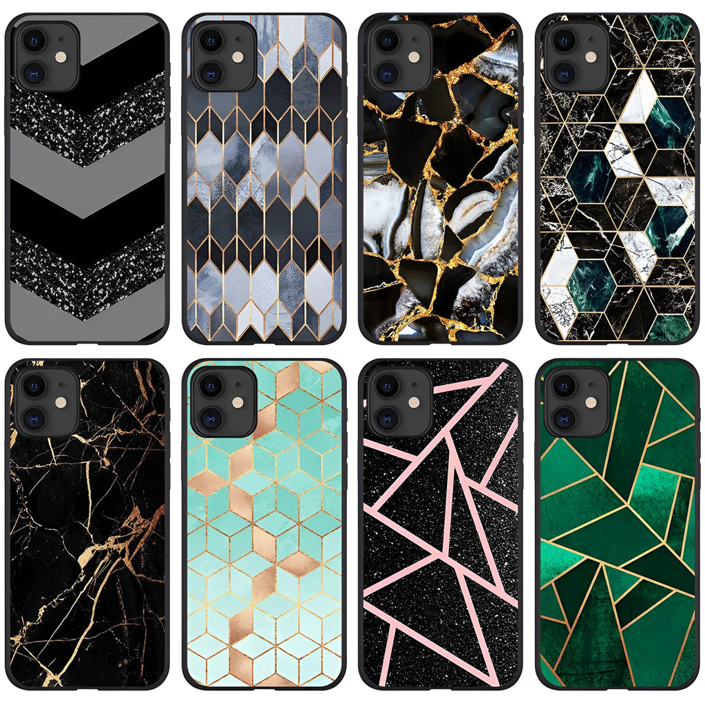 Marble pattern protective back cover case for iPhone models on a table.