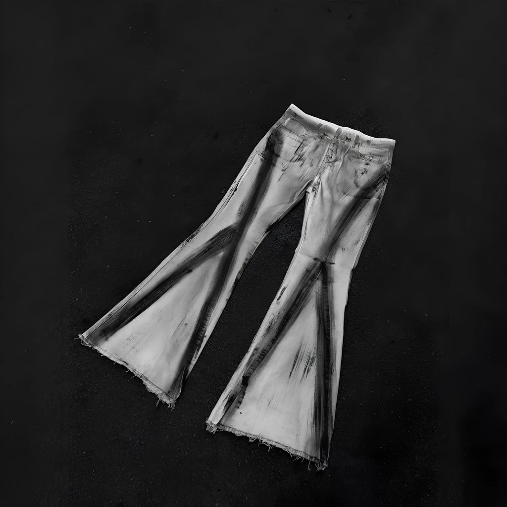 White retro jeans with black ribbon gradient detail and rough selvedge styling on mid-waist denim trousers