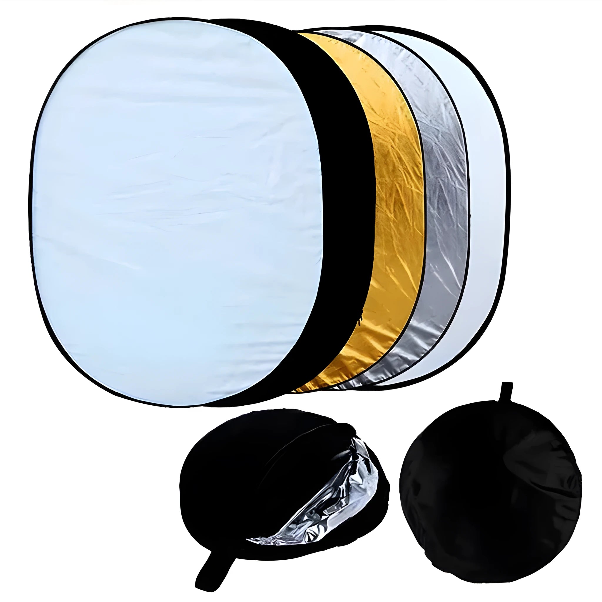 A large, rectangular collapsible photography light reflector showing its five different coloured surfaces: gold, silver, white, black, and translucent.