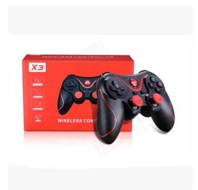 Black X3 Bluetooth wireless game controller for Android phones with phone clip attached