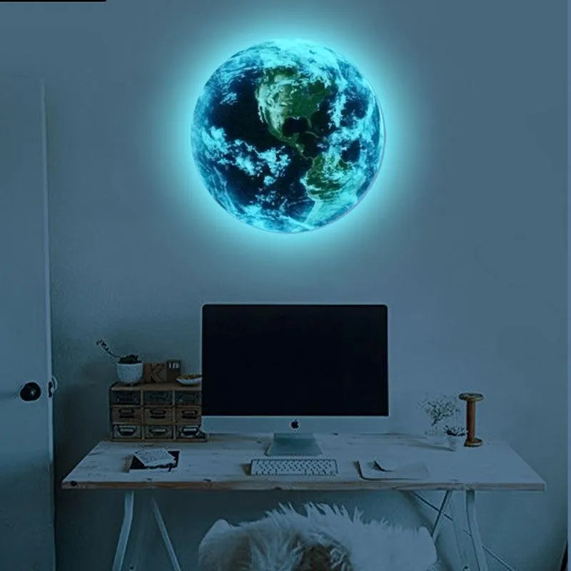 Glow in the dark Earth planet wall sticker showing luminous effect in darkness with PVC removable construction