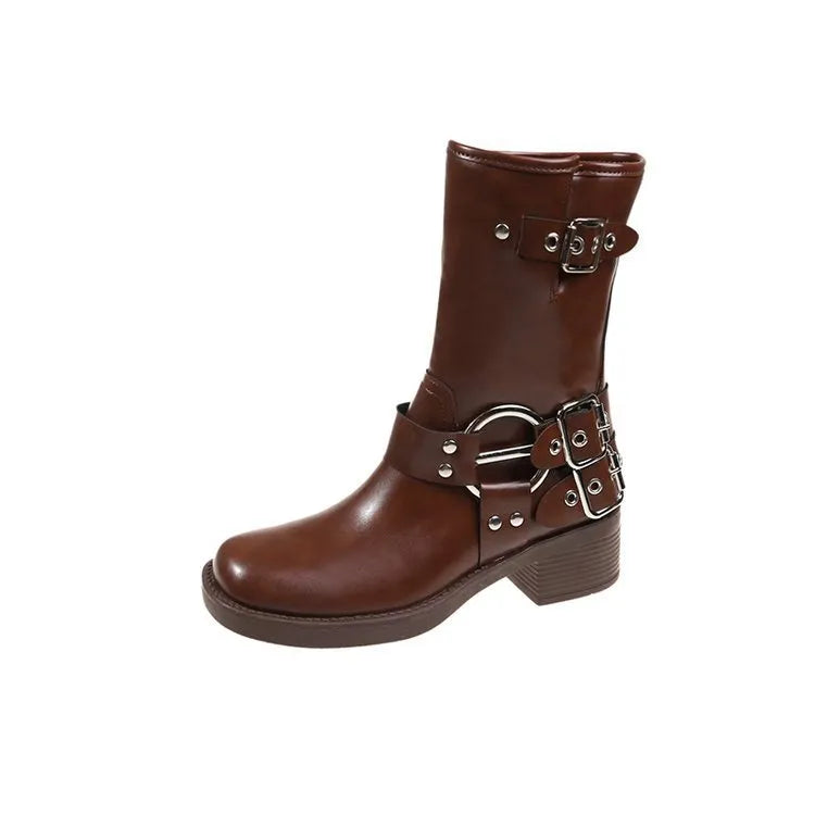 Women's black platform boots with buckle detail and mid-calf length