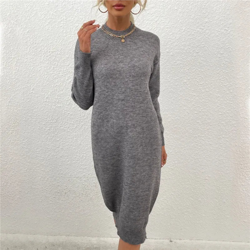 Women's grey crew neck casual sweater pullover with long sleeves