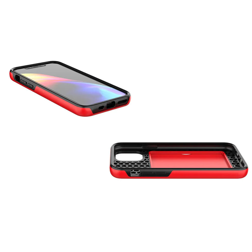 Simple solid colour TPU and PC back cover case for iPhone 11 models in black, red, pink, blue, dark blue, and purple.