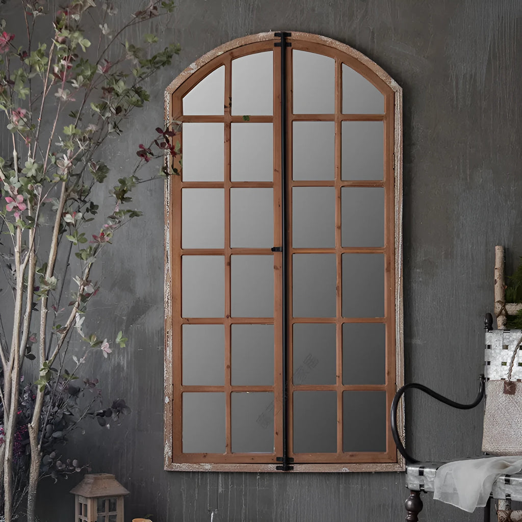 Terrace style distressed wooden frame fake window mirror in log colour with glass reflection
