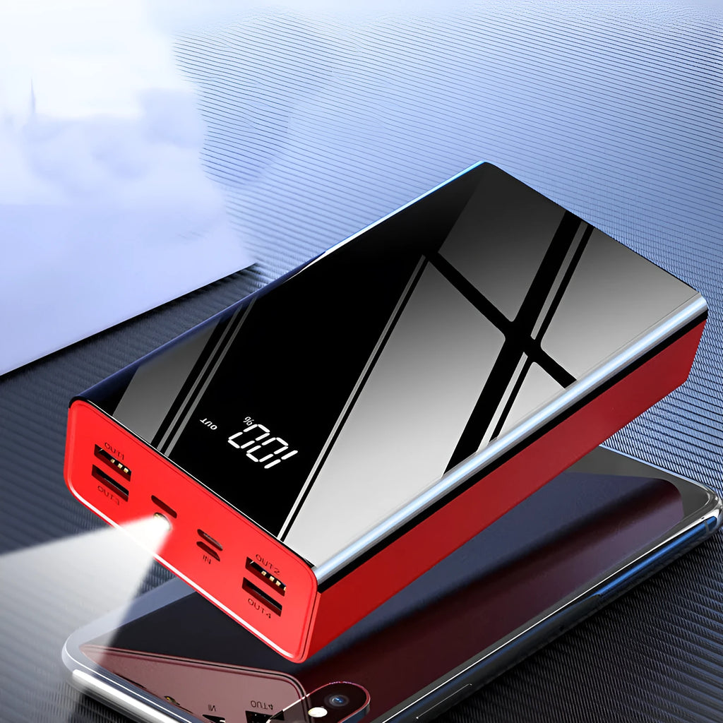 Large black power bank with LCD display showing battery percentage, dimensions 156x82x41mm