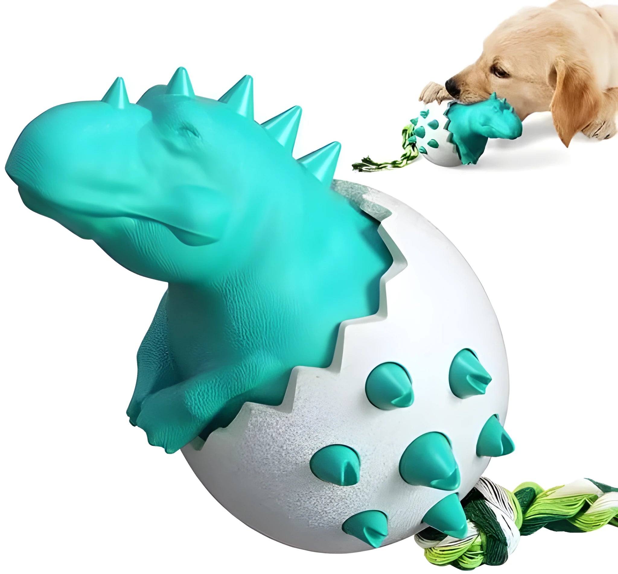 Blue durable dinosaur-shaped dog chew toy with an attached rope for aggressive chewers.