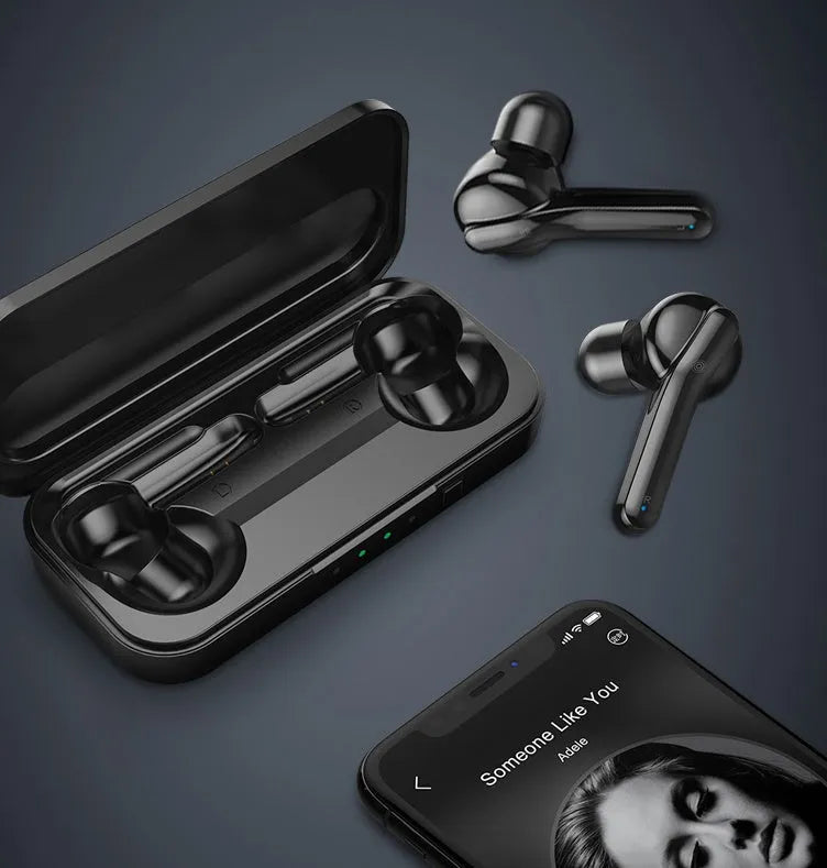 Black and white TWS wireless Bluetooth earbuds with an IPX5 waterproof rating.