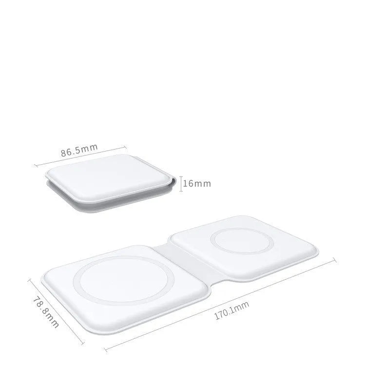 White folding dual magnetic wireless charger showing 180° adjustable angle and dual charging surfaces