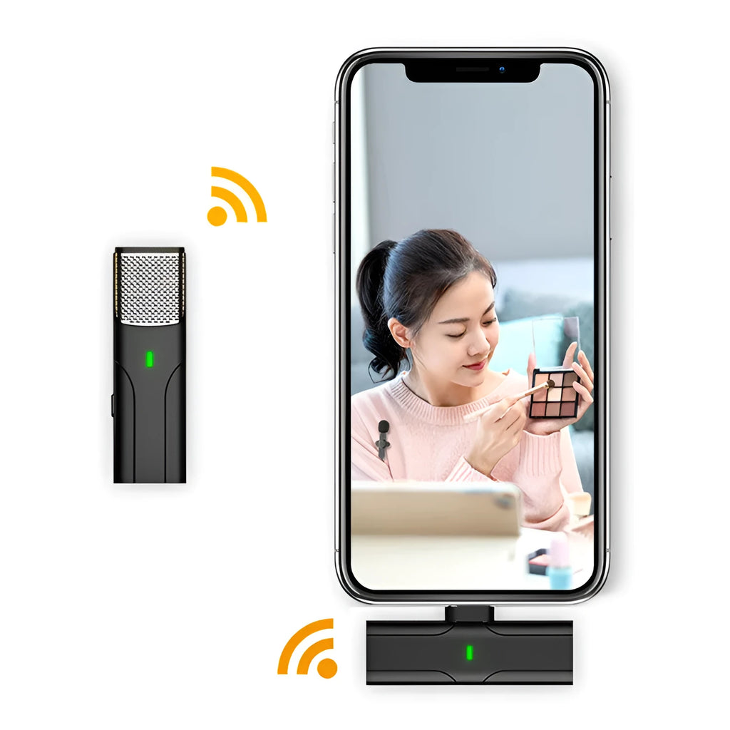 Black wireless lavalier microphone with charging cable for mobile phone recording.