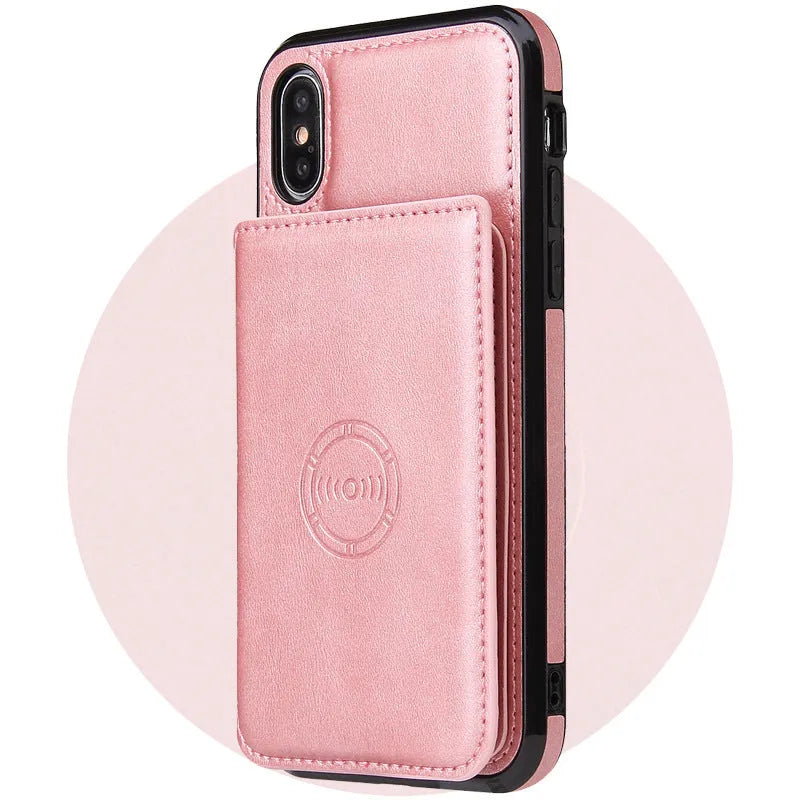 Imitation leather card wallet phone case for iPhone in multiple colour options showing card storage and back cover design