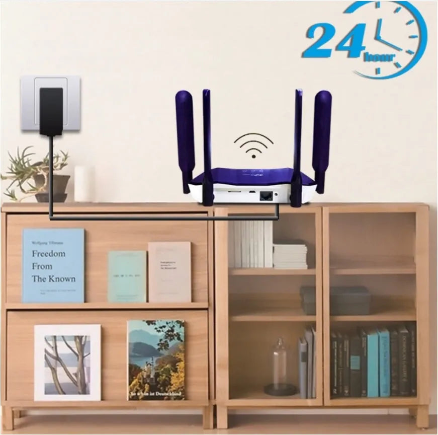 Blue dual-mode 4G and wired router with four external antennas, showing front panel and compact size.