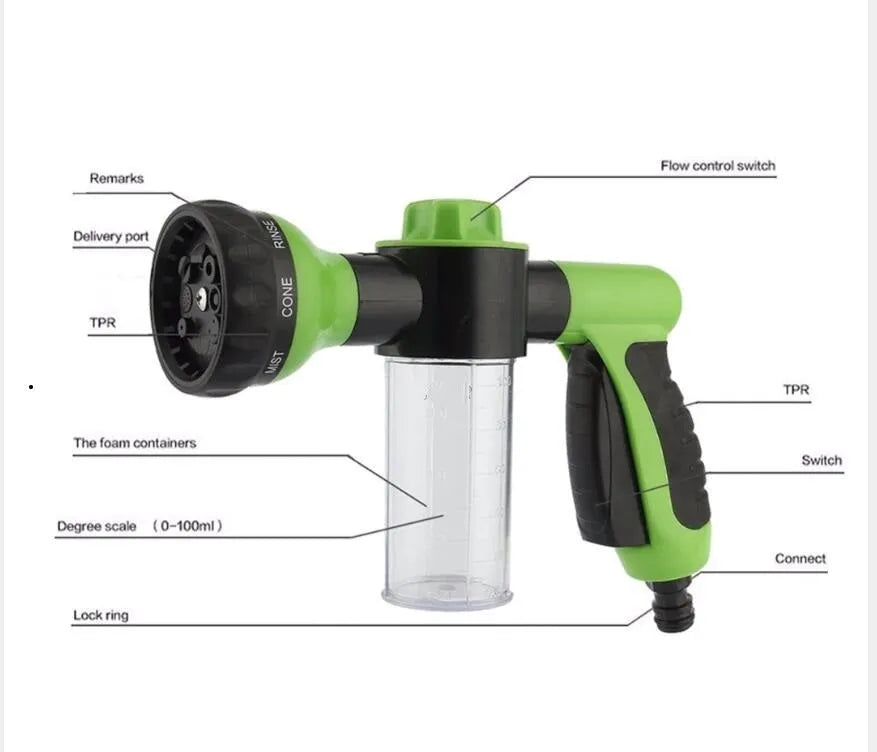 Green high-pressure foam spray gun for car washing with adjustable nozzle and multiple spray patterns
