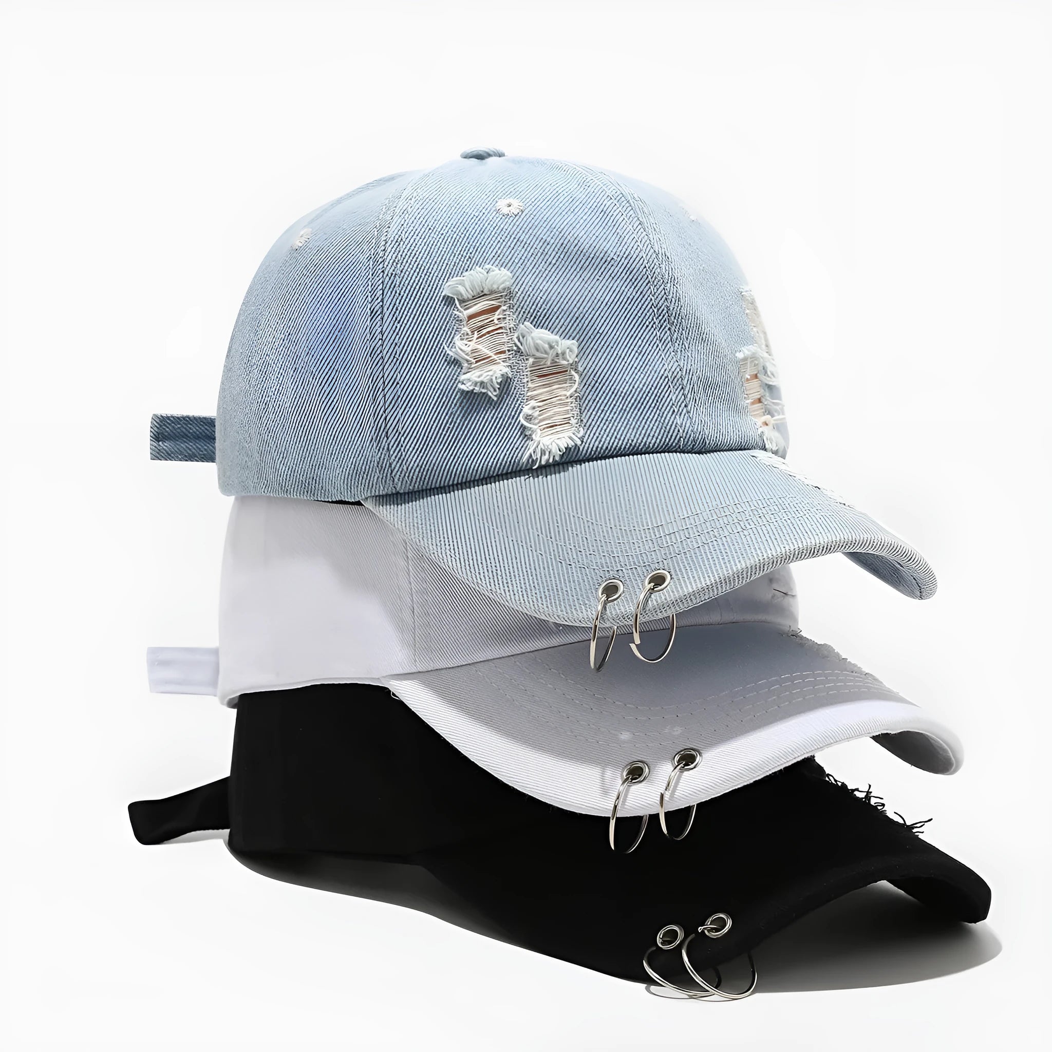 Men's adjustable denim peaked cap in black, shown from a side angle.