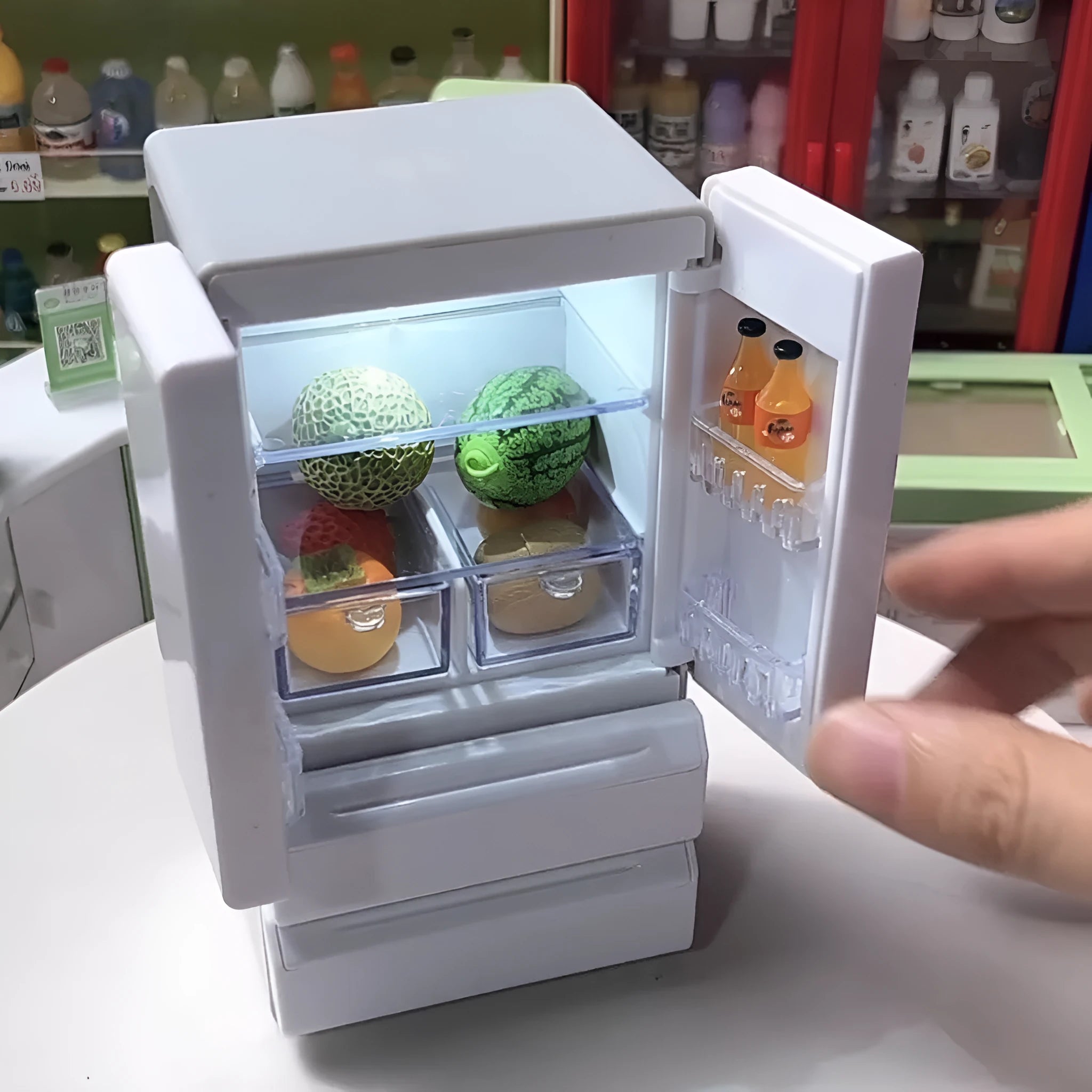 White miniature candy shop plastic model with LED light, 11.4cm tall display piece