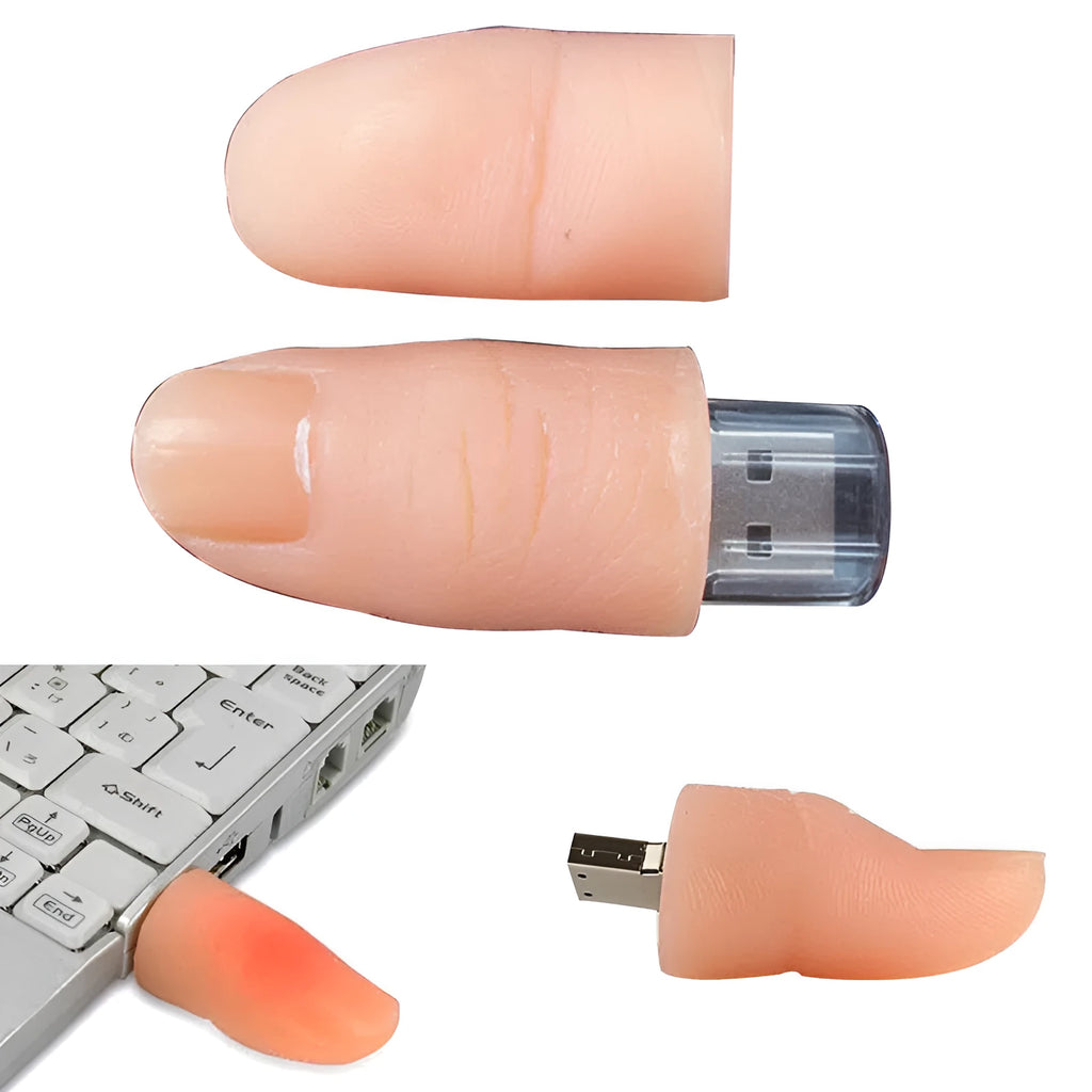 Silicone finger USB flash drive with USB 2.0 connector, available in 8GB and 64GB, shockproof and antimagnetic.