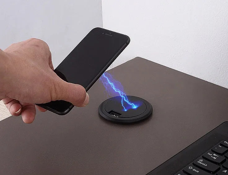 Black 60mm round wireless charger for embedded furniture installation