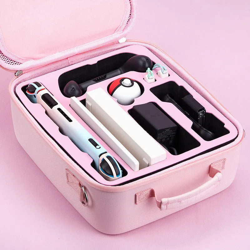 Pink Nintendo Switch storage bag with cat claw design holding game cards