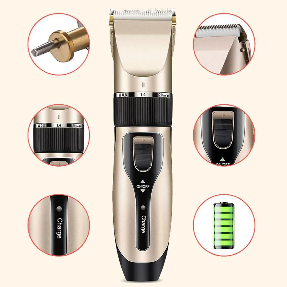 Gold cordless pet grooming clipper kit with ceramic titanium blade, four guide combs and grooming tools