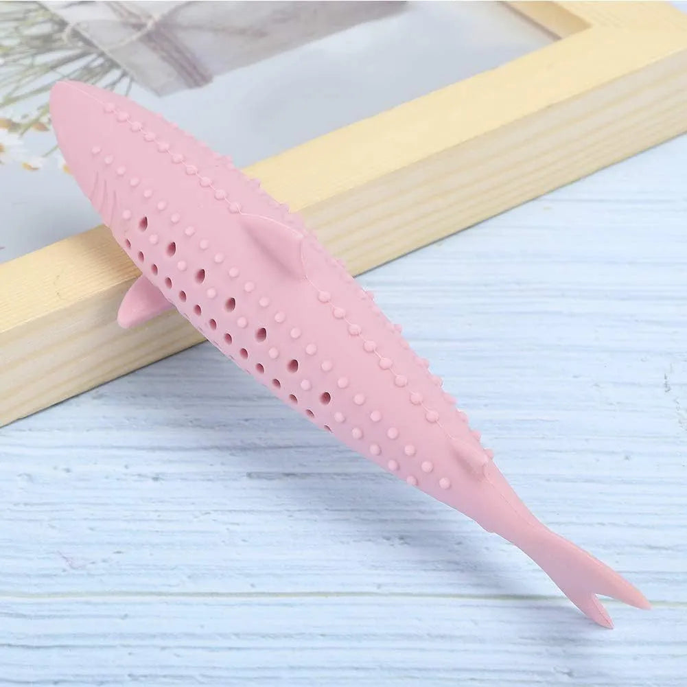 Green silicone fish-shaped chew toy for cats with breathable side holes on a white background.