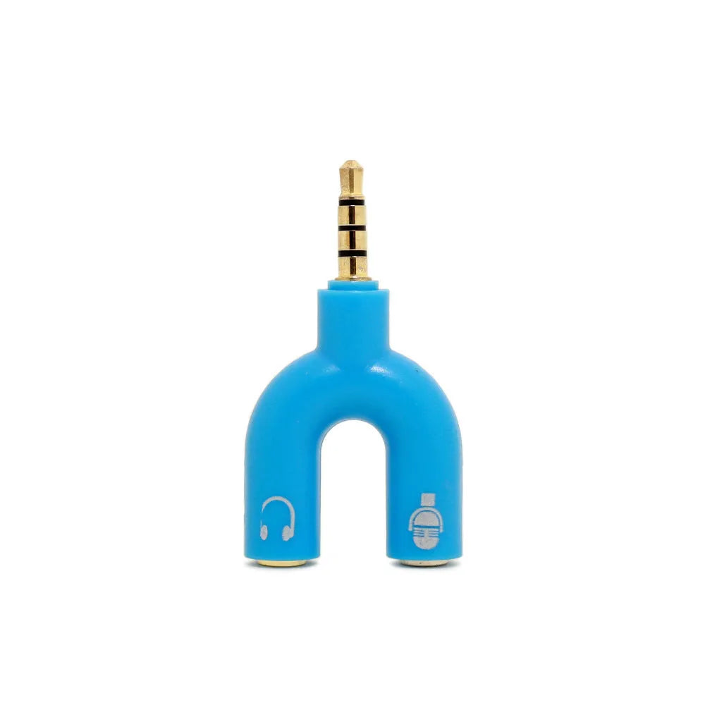 A compact white 3.5mm headphone splitter adapter with two female ports and one male jack.