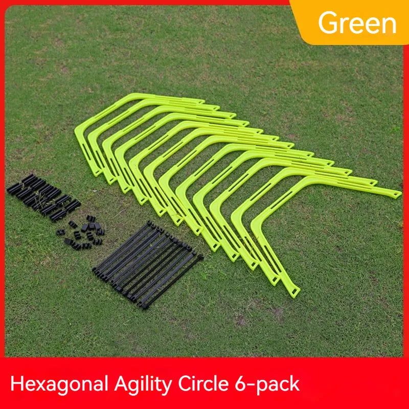 Set of six foldable yellow, green, and orange plastic hexagon football agility training rings laid out on grass.