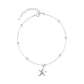 Sterling silver anklet with starfish charm and round beads on ankle