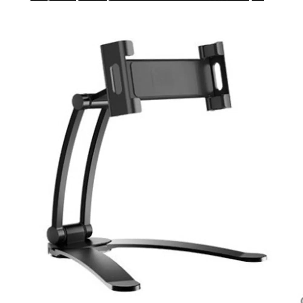Silver aluminium alloy desktop stand holding a tablet, showing its adjustable clip and mounting base.