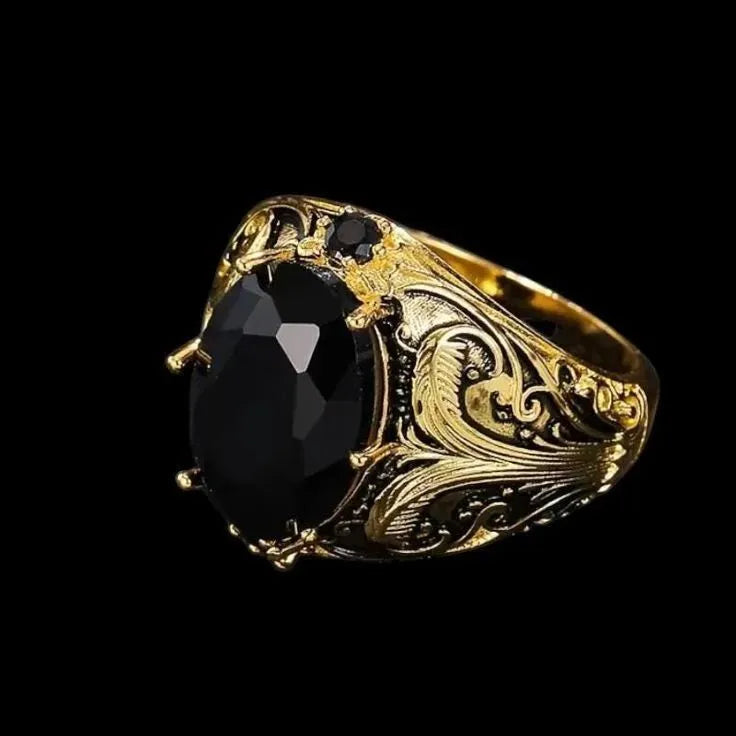 Men's geometric pattern wide face ring with imitation ink colour gem ornament in silver alloy