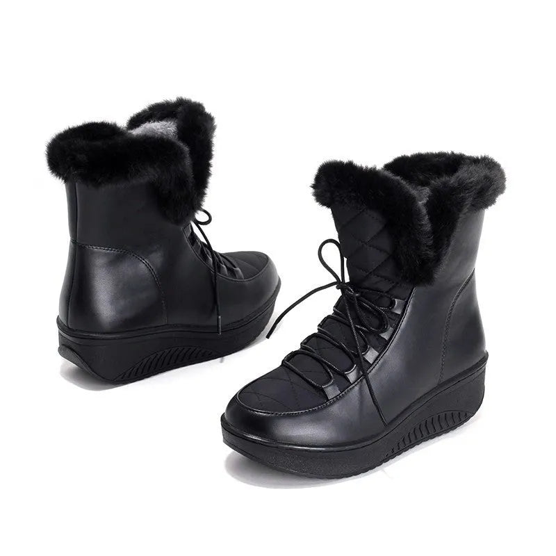 Women's black PU leather winter boots with 3cm platform sole and lace-up closure