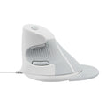 Black ergonomic vertical wired mouse for desktop computers showing natural handshake grip position