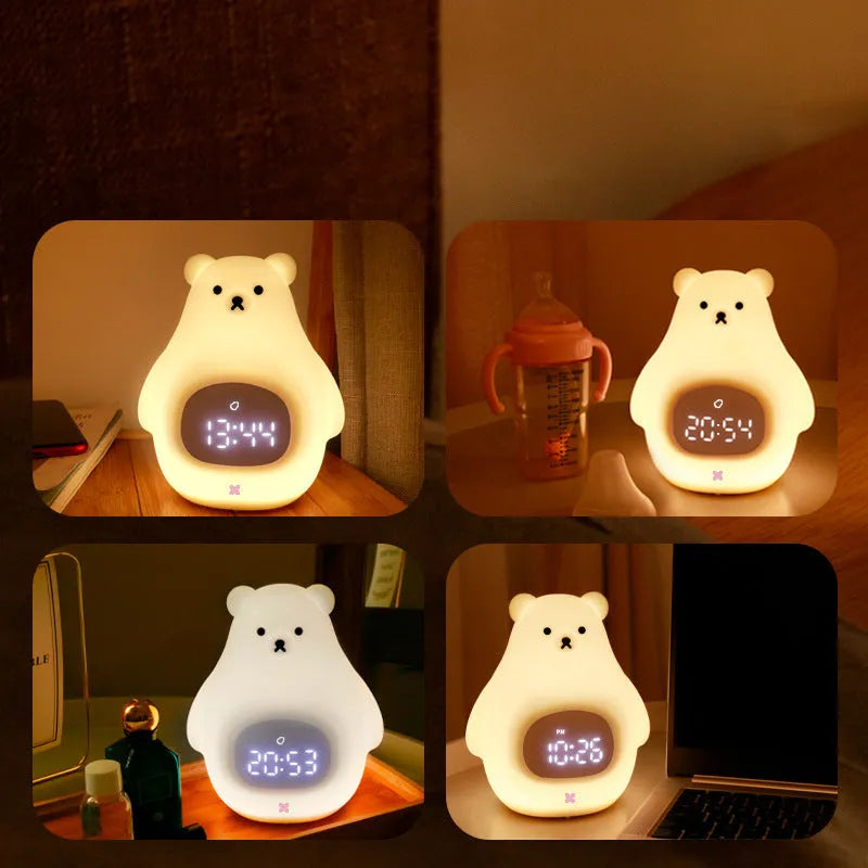 White cartoon bear silicone night light with remote control on a bedside table.