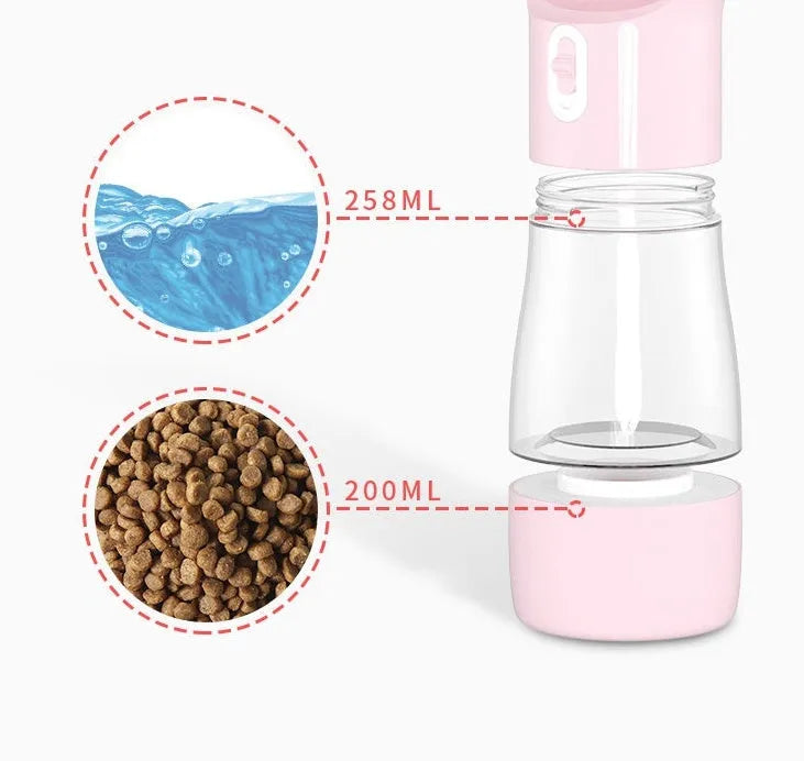 Portable dog water dispenser bottle with 258ml water cup and 200g food container in pink, green, blue, or grey