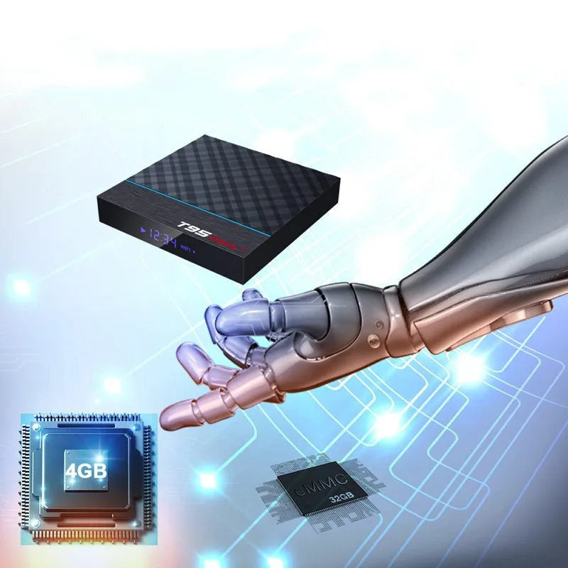 Black T95 Max Plus Android TV box with Amlogic S905X3 chip, showing rear ports and remote.