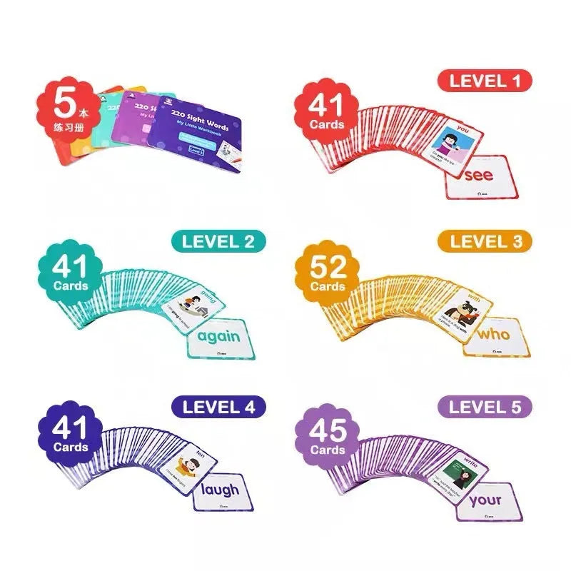 High frequency word flash card gift set with 220 cards and 5 workbooks for early childhood education