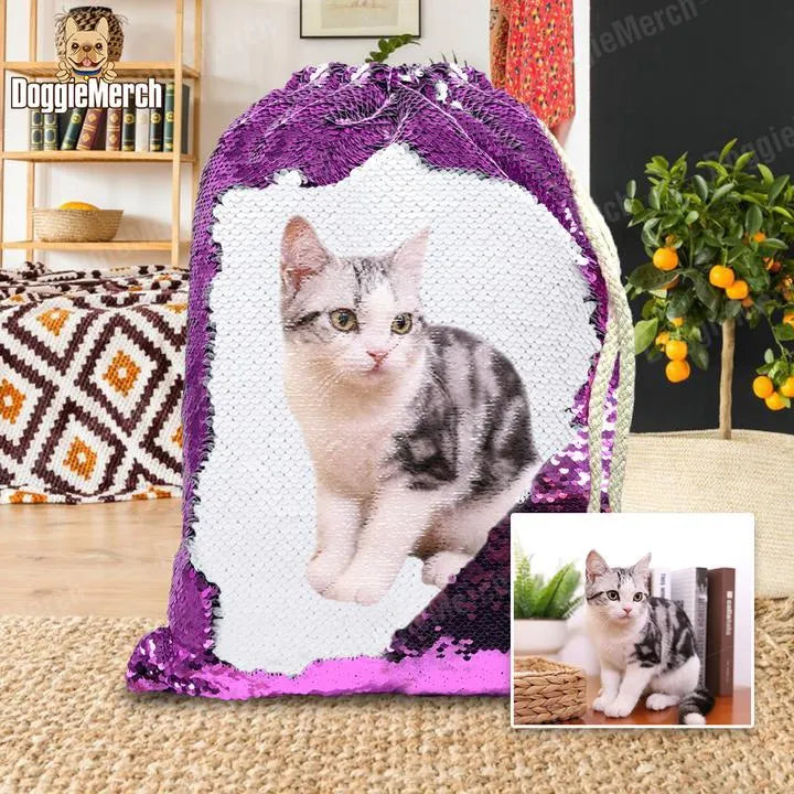 Custom purple sequins backpack with dog photo and drawstring closure showing 34x45cm dimensions
