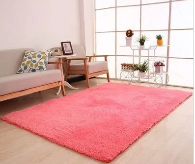 White fluffy plush area rug with rectangular shape and non-slip dot bottom