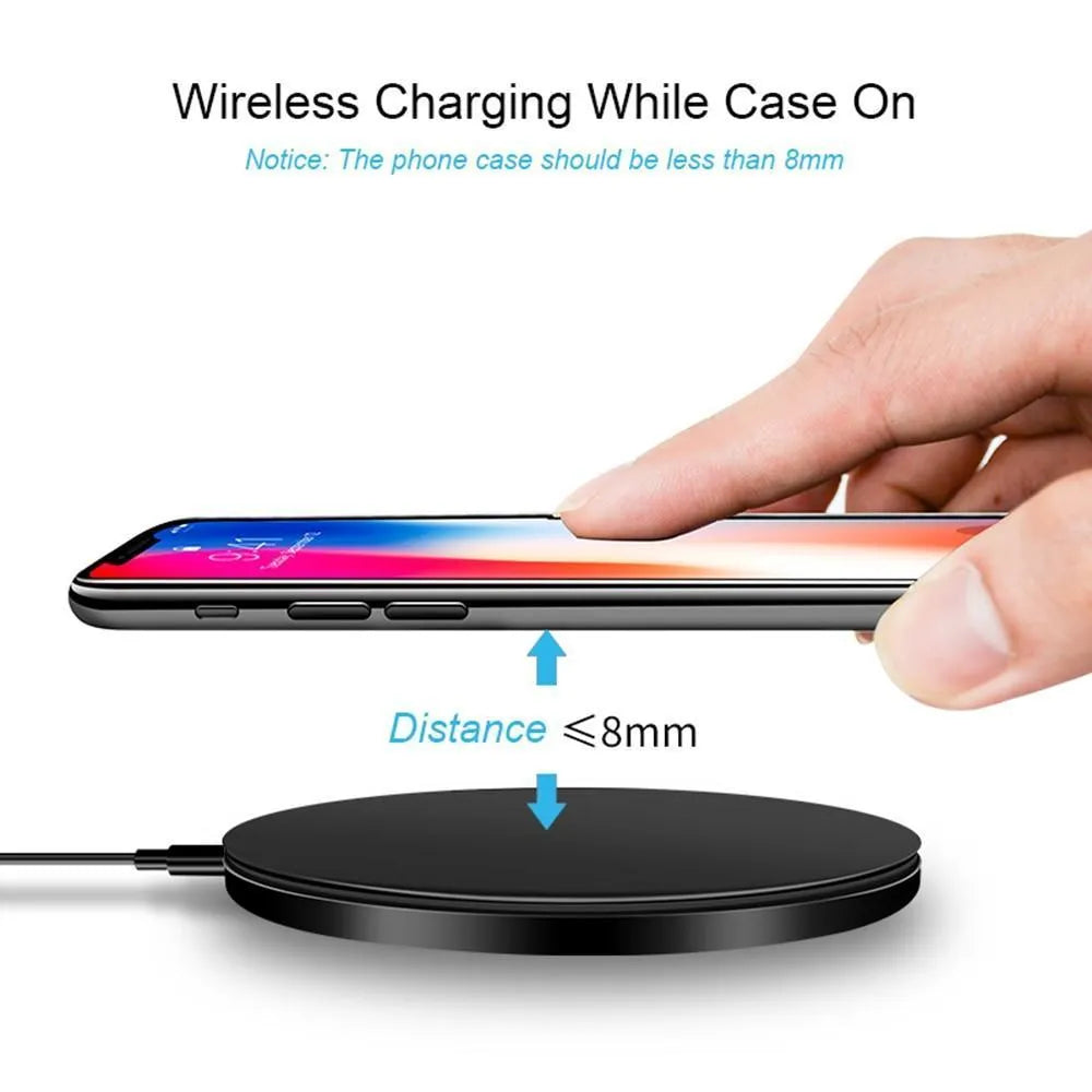 Ultra-thin black QI wireless fast charger with dimensions 98x98x6.5mm showing charging surface and USB port
