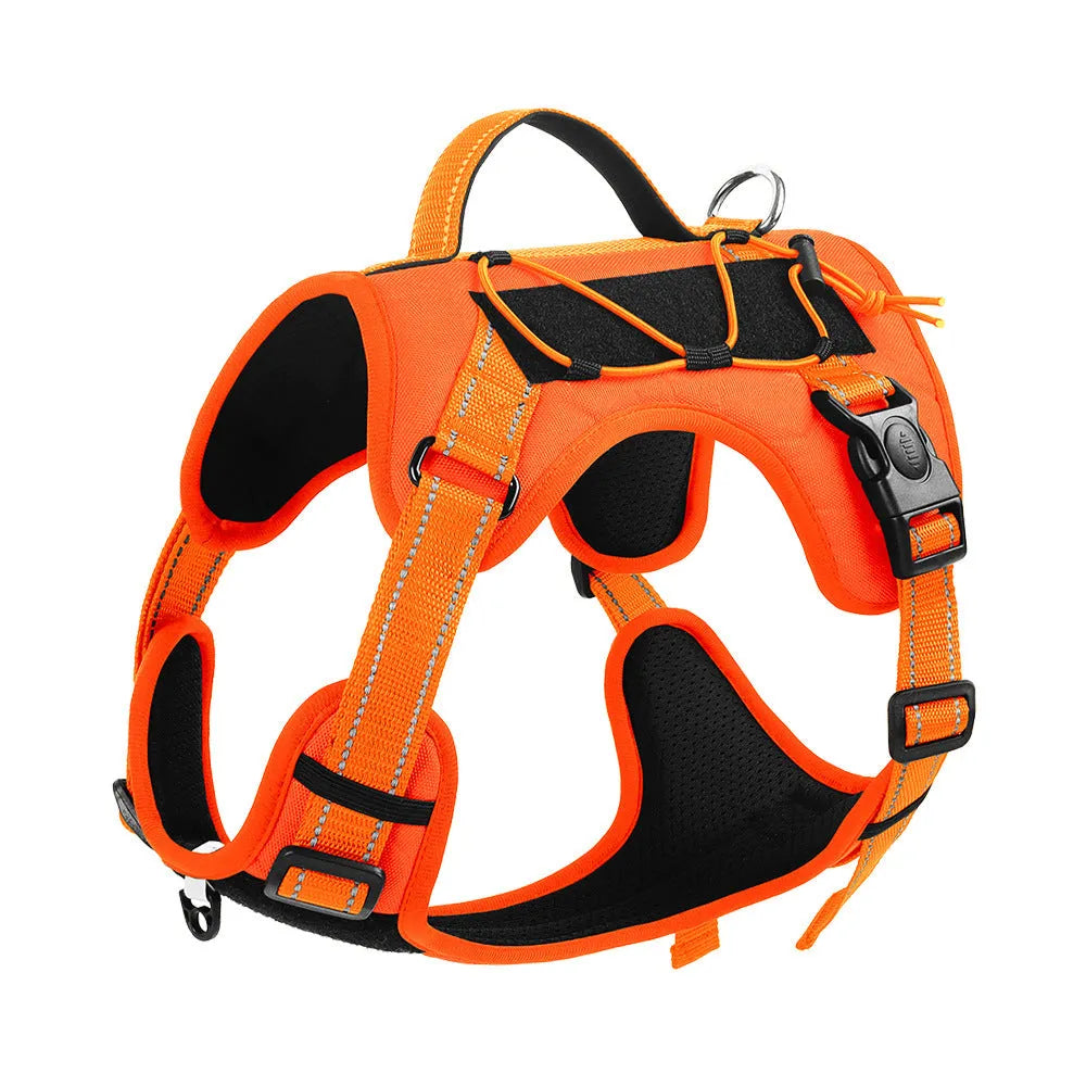Orange explosion-proof dog harness vest with black reflective strips and an integrated black hand-holding rope.