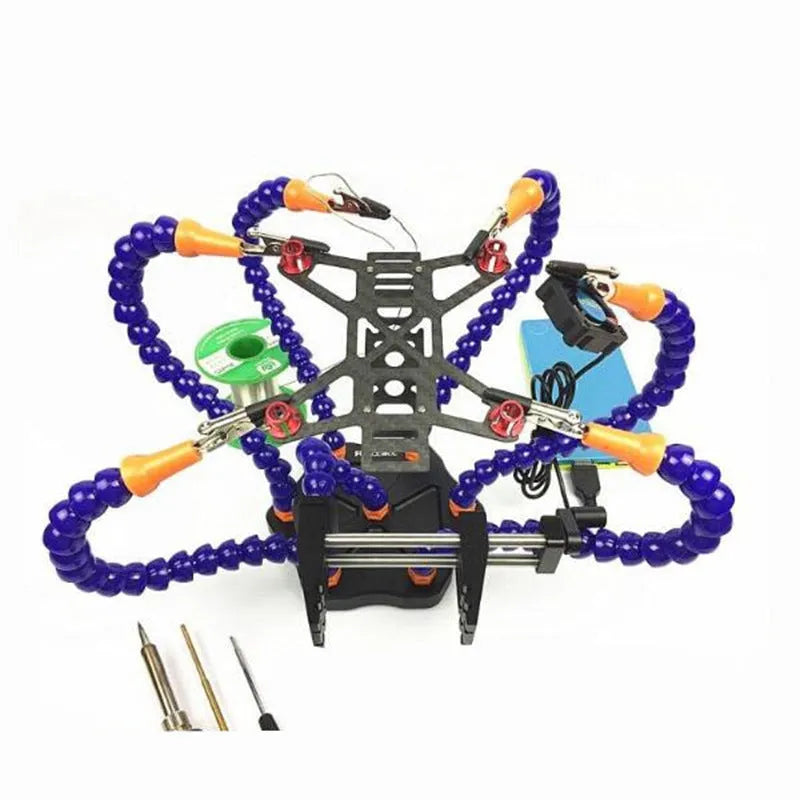 Aluminium alloy model welding station with six adjustable arms and a rotating chuck on a black base.