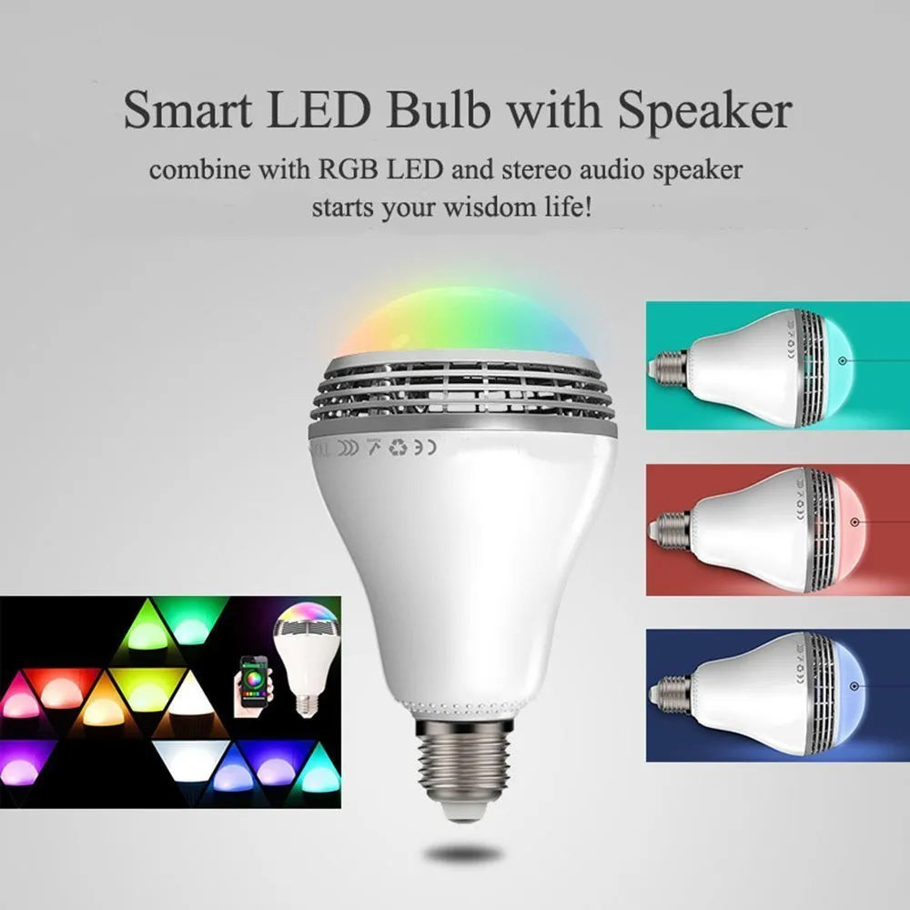 Smart LED E27 bulb with Bluetooth speaker capability showing RGB+W colour output and PC body construction
