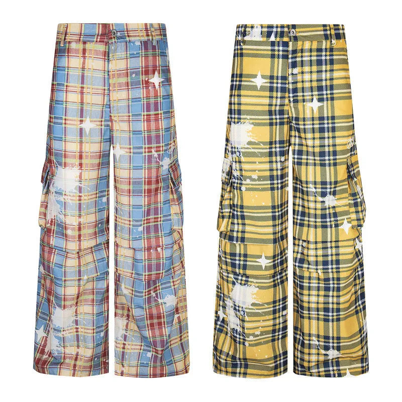 Men's blue retro plaid overalls with straight leg design and mid waist