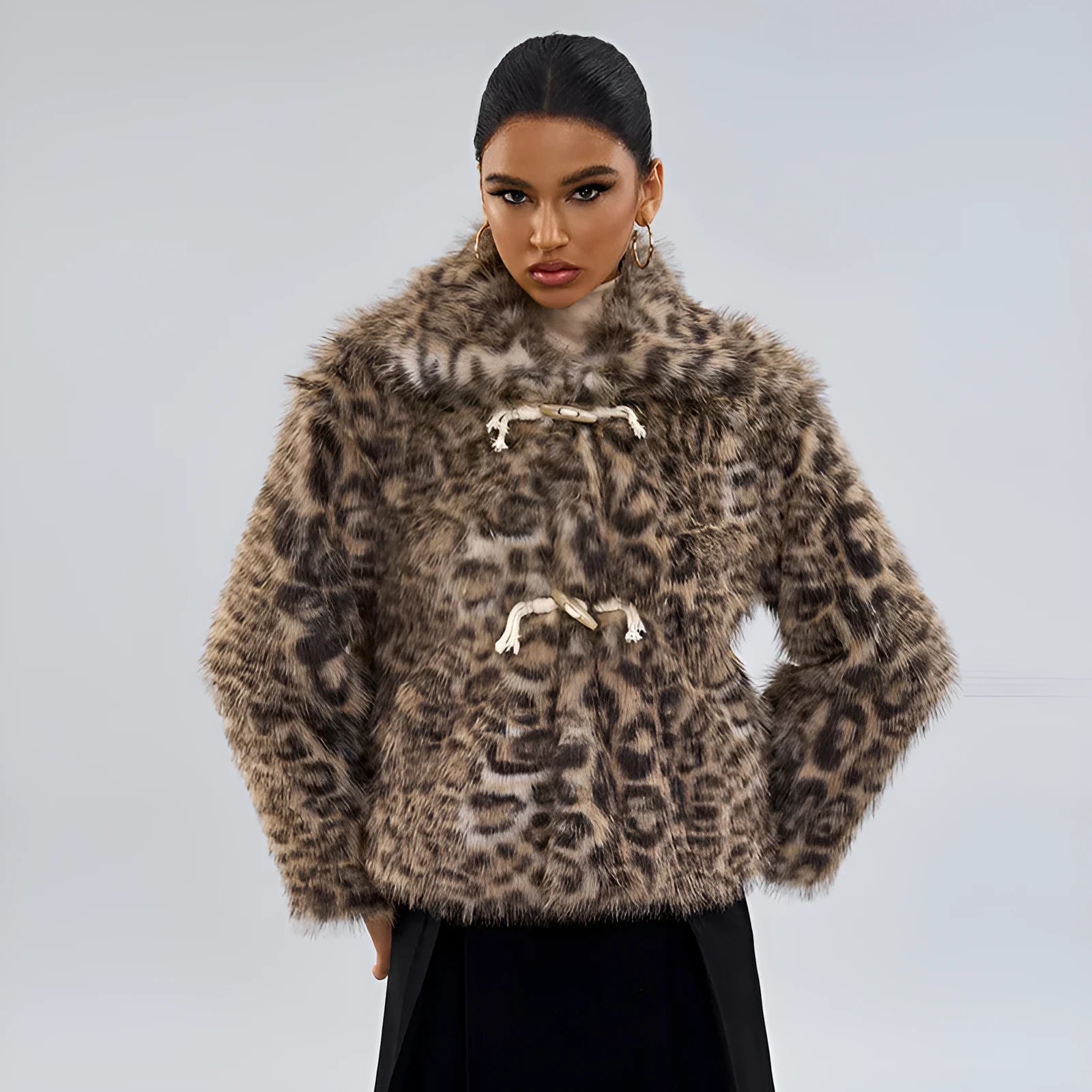 Leopard print street fashion coat for women with regular sleeves and 50cm length