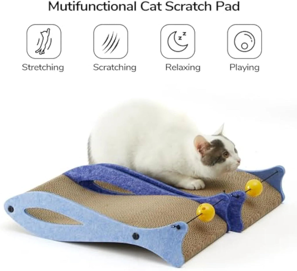 Blue fish-shaped cat scratcher pad with corrugated cardboard surface and integrated bell ball toy