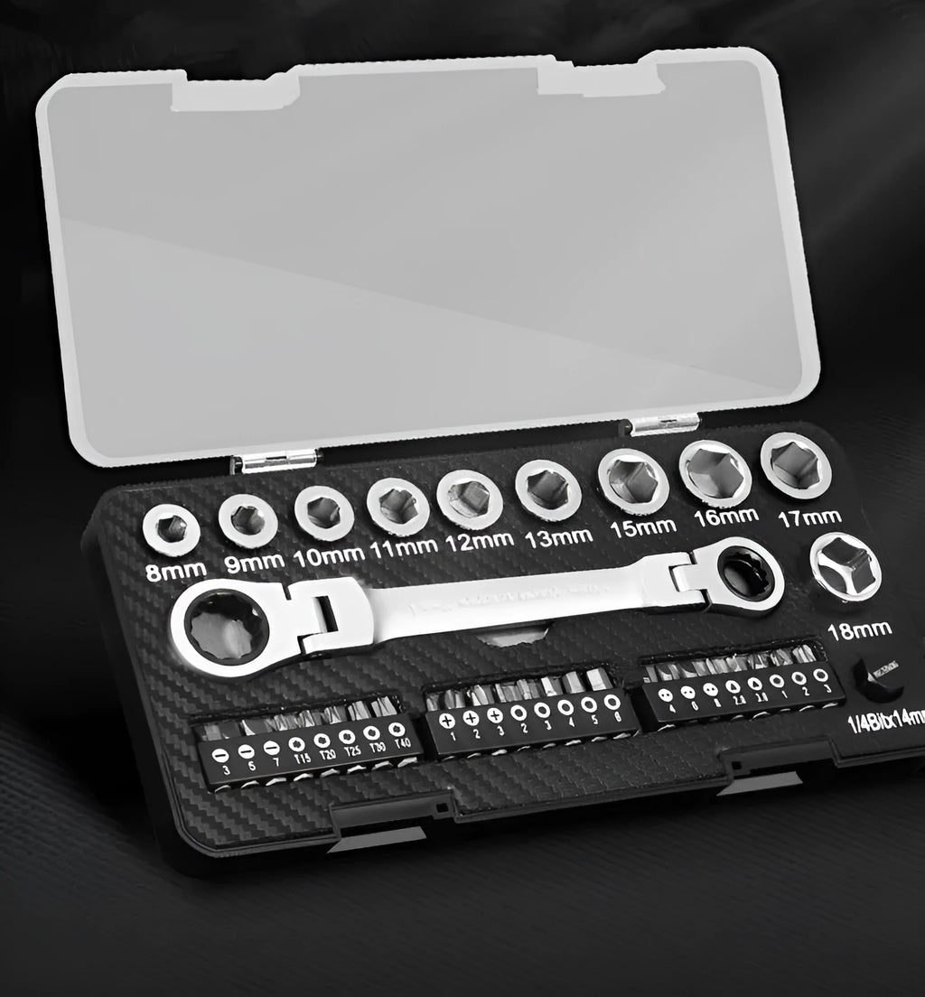 Ratchet wrench and socket screwdriver set with two-way mechanism and multiple attachments