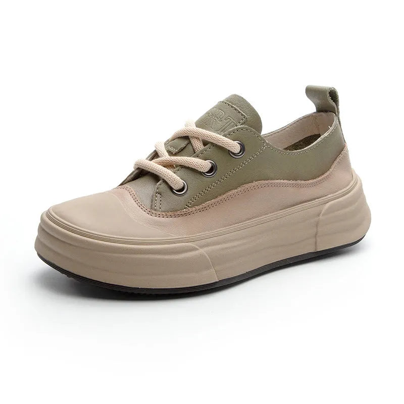 Women's low-top leather platform sneakers in matcha green, purple, or orange with round toe and front laces.