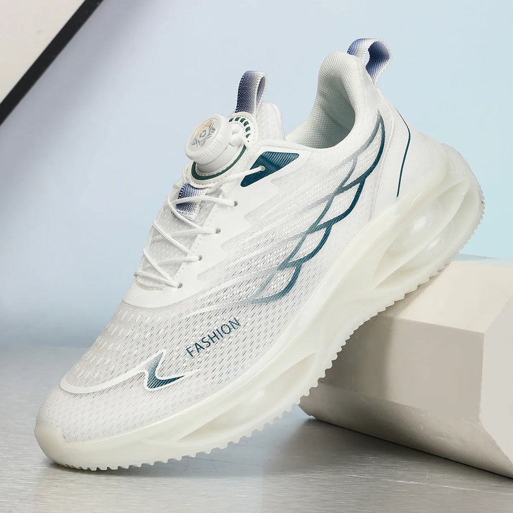 Casual breathable running shoes in sky blue with PU mesh upper and rubber sole.