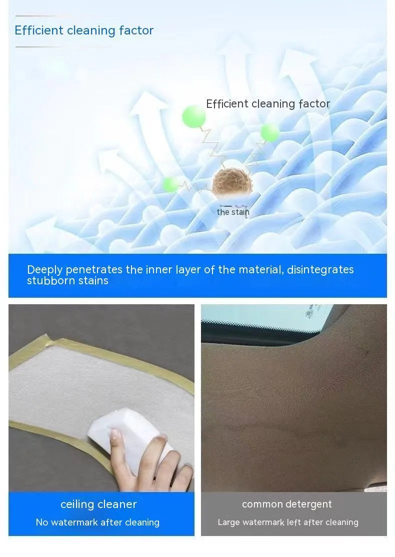 Wash-free fabric roof foam cleaner bottle with microfibre towel and sponge wipes for car interior cleaning.