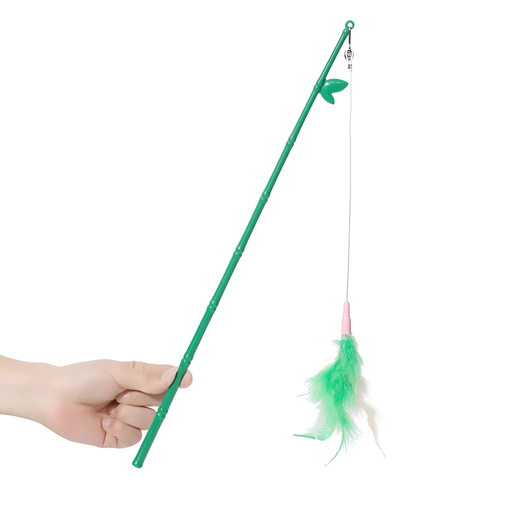 Green interactive cat feather wand toy with bell attachment and a comfortable grip handle.